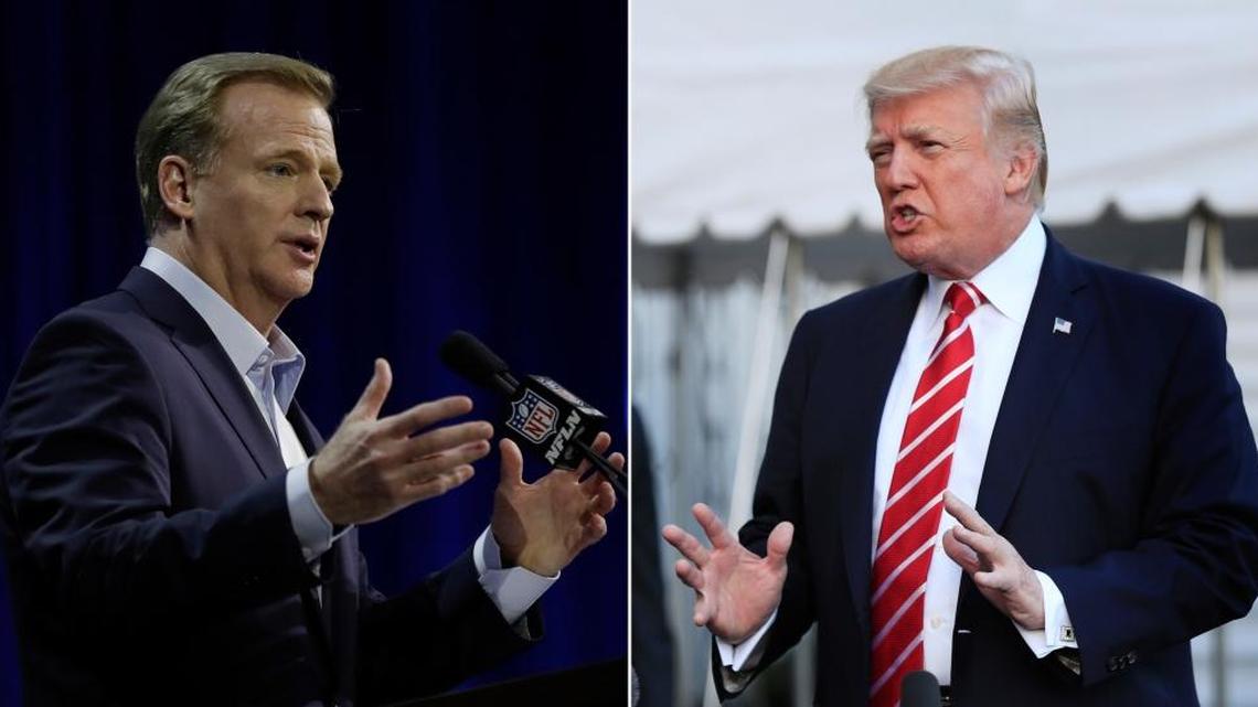 FILE - At left, in a Feb. 1, 2017, file photo, NFL Commissioner Roger Goodell answers questions during a news conference for the Super Bowl 51 football game, in Houston. At right, in an Oct. 7, 2017, file photo, President Donald Trump speaks to reporters at the White House in Washington.