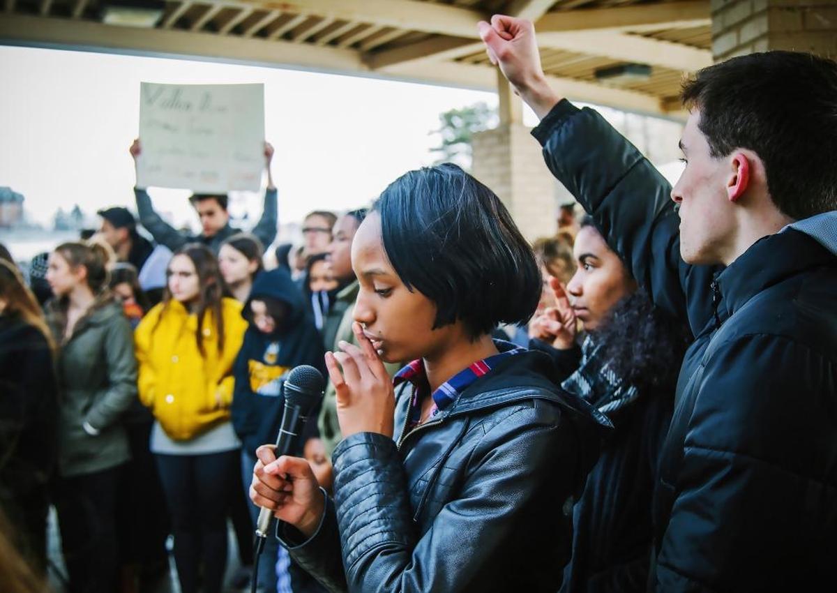 Keaura King leads her classmates in a moment of silence during the Woodland Hills Students Against Gun Violence Walkout on Wednesday in Churchill, Pa.