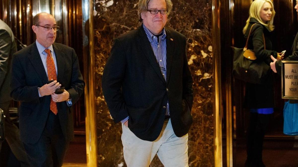 Stephen Bannon leaves Trump Tower in New York on Sunday after being named a top White House strategist.