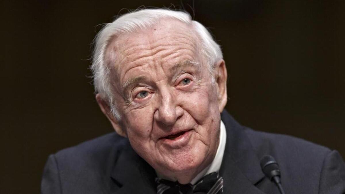 In this April 30, 2014, file photo, retired Supreme Court Justice John Paul Stevens testifies on the ever-increasing amount of money spent on elections as he appears before the Senate Rules Committee on Capitol Hill in Washington. Stevens is calling for the repeal of the Second Amendment to allow for significant gun control legislation. The 97-year-old Stevens says in an essay on The New York Times website that repeal would weaken the National Rifle Association’s ability to “block constructive gun control legislation.”