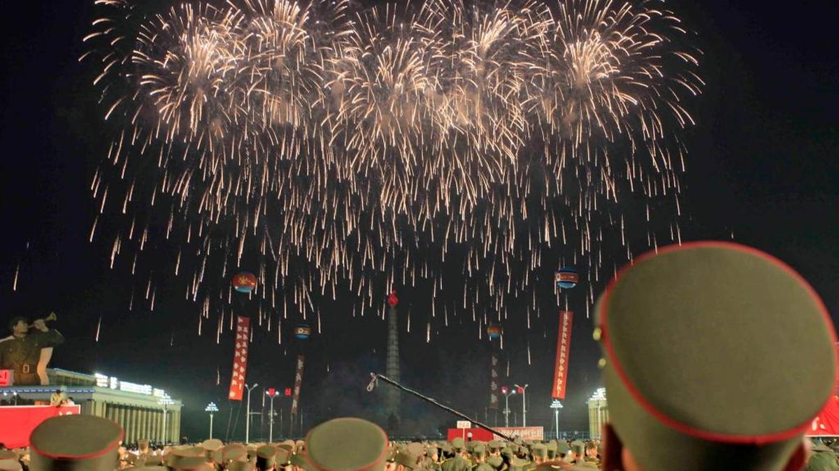 Soldiers watch fireworks in Kim Il Sung Square in Pyongyang, N. Korea, on Thursday, July 6, 2017, to celebrate the test launch of North Korea's first intercontinental ballistic missile.