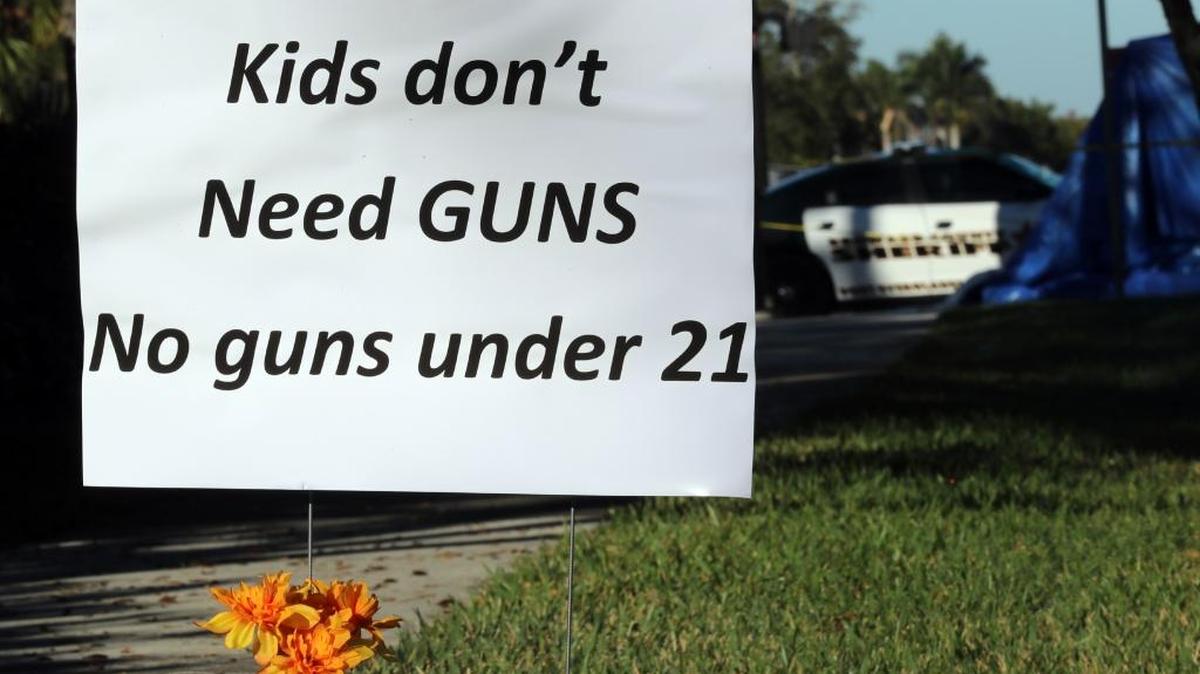 Signs have been placed at the corner of Holberg Road and Pine Island Road, across the street from Marjory Stoneman Douglas High School in Parkland where 17 people were killed Wednesday.