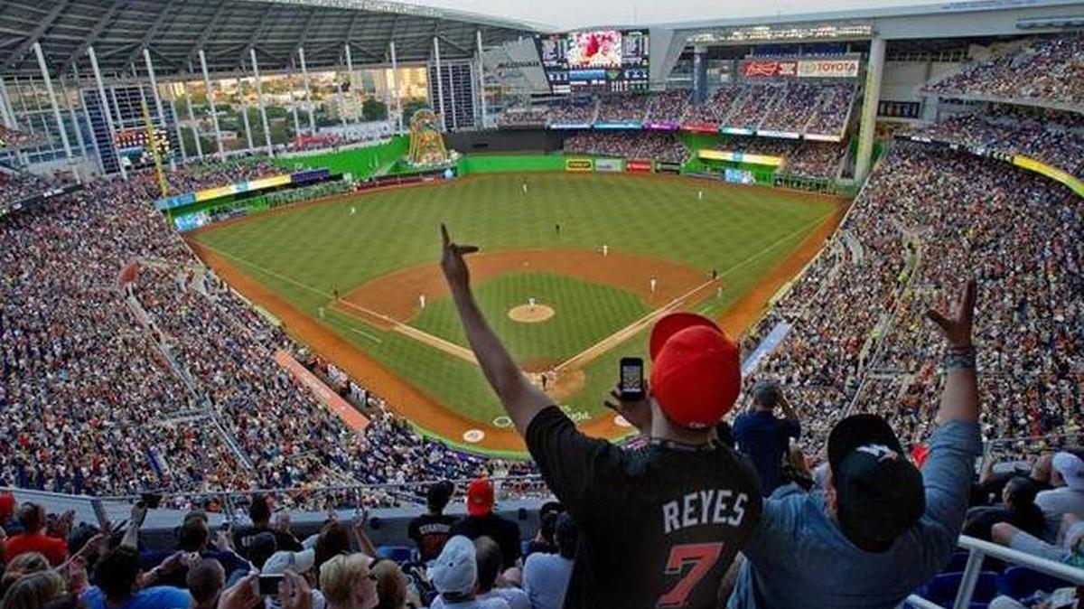 Fans attend opening day at Marlins Park on Wednesday, April 4, 2012.