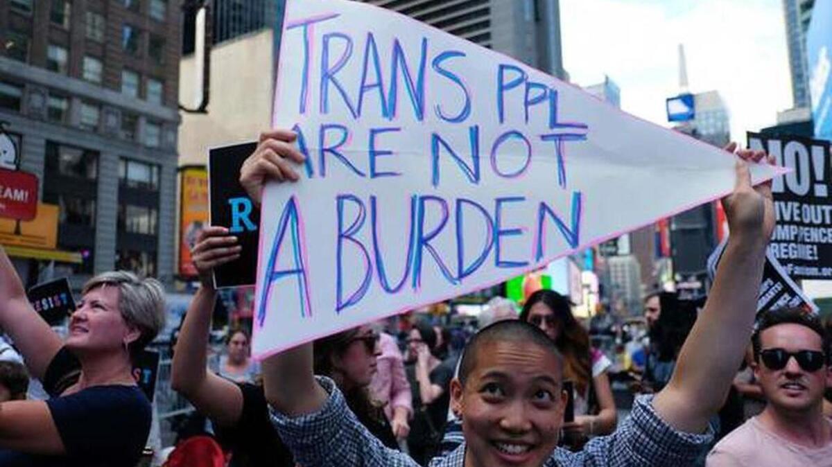 Protesters demonstrated at Time Square last year over President Trump's ban on transgender people joining the military.