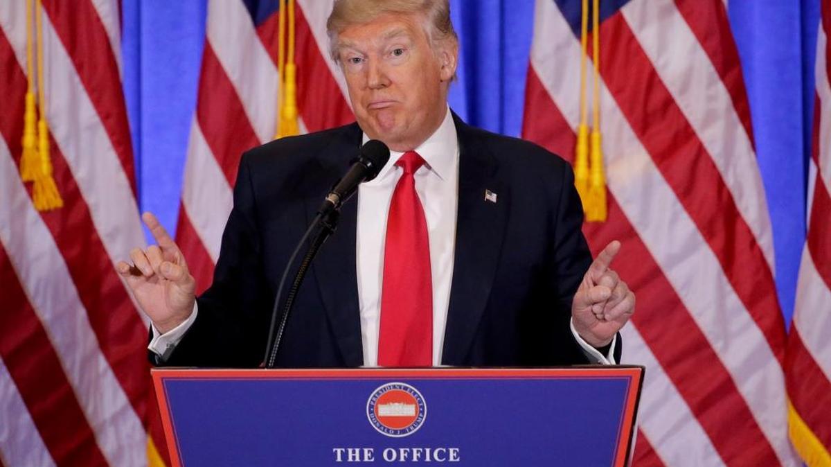 FILE - In this file photo dated Wednesday, Jan. 11, 2017, President-elect Donald Trump speaks during his first news conference as President-elect, in New York. European leaders on Monday Jan. 16, 2017, reacted with surprise and defiance to the latest comments by Donald Trump about NATO.