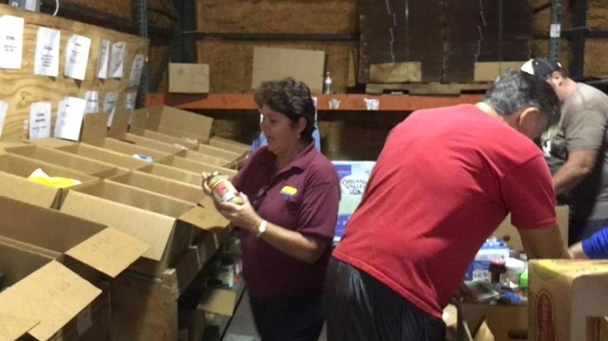 Cindy Sloan, left, director of The Food Bank of Manatee, works with volunteers stocking shelves at the food bank Monday.