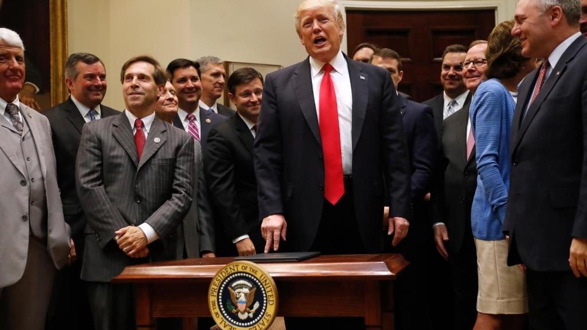 President Donald Trump speaks in the Roosevelt Room of the White House in Washington, Friday, April 28, 2017, where he signed an Executive Order directing the Interior Department to begin review of restrictive drilling policies for the outer-continental shelf.