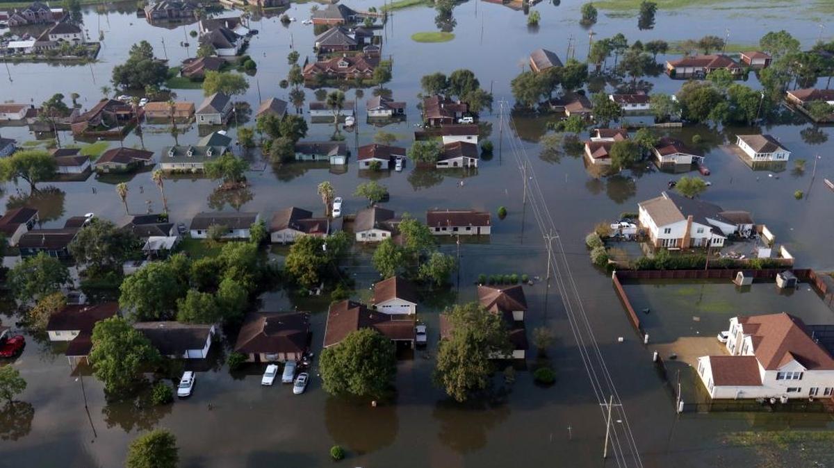 In this arial photo, homes sit in floodwaters caused Tropical Storm Harvey in Port Arthur, Texas, on Friday.