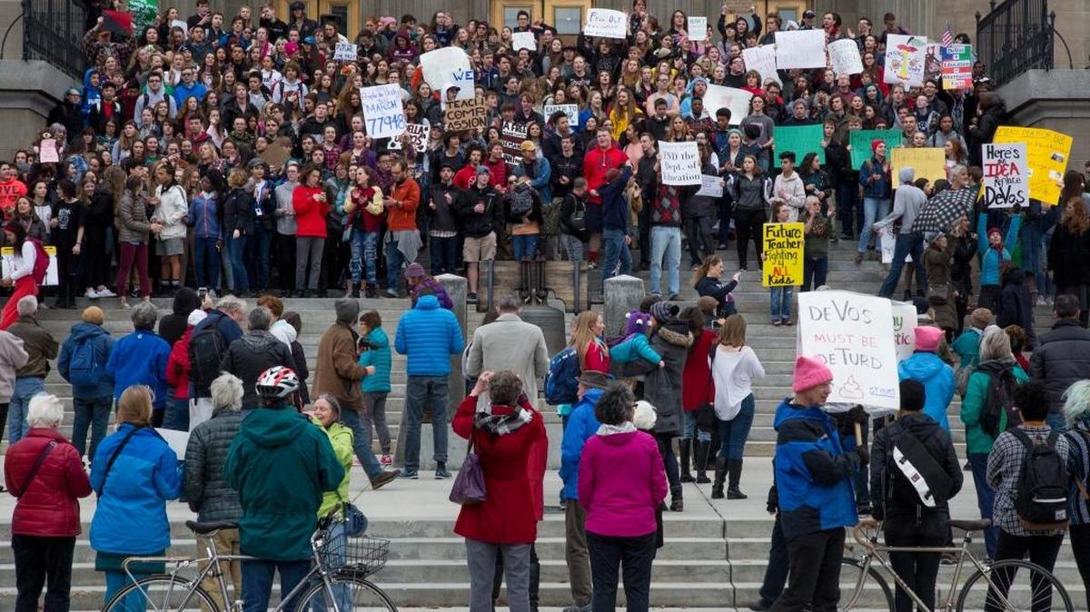 Students from local high schools, Boise State and other institutions walked out of class Thursday, Feb. 16, 2017 to protest the appointment of Betsy DeVos as the new U.S. Dept. of Education Secretary. Hundreds of students filled the steps of Idaho's capitol building carrying protest signs and chanting pro public education slogans.