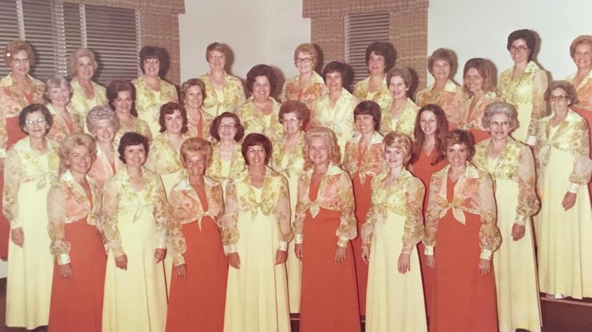 LaVerne Shoultz performed for 17 years with Sweet Adeline’s. She’s second from left in the back row in this performance, date unknown.