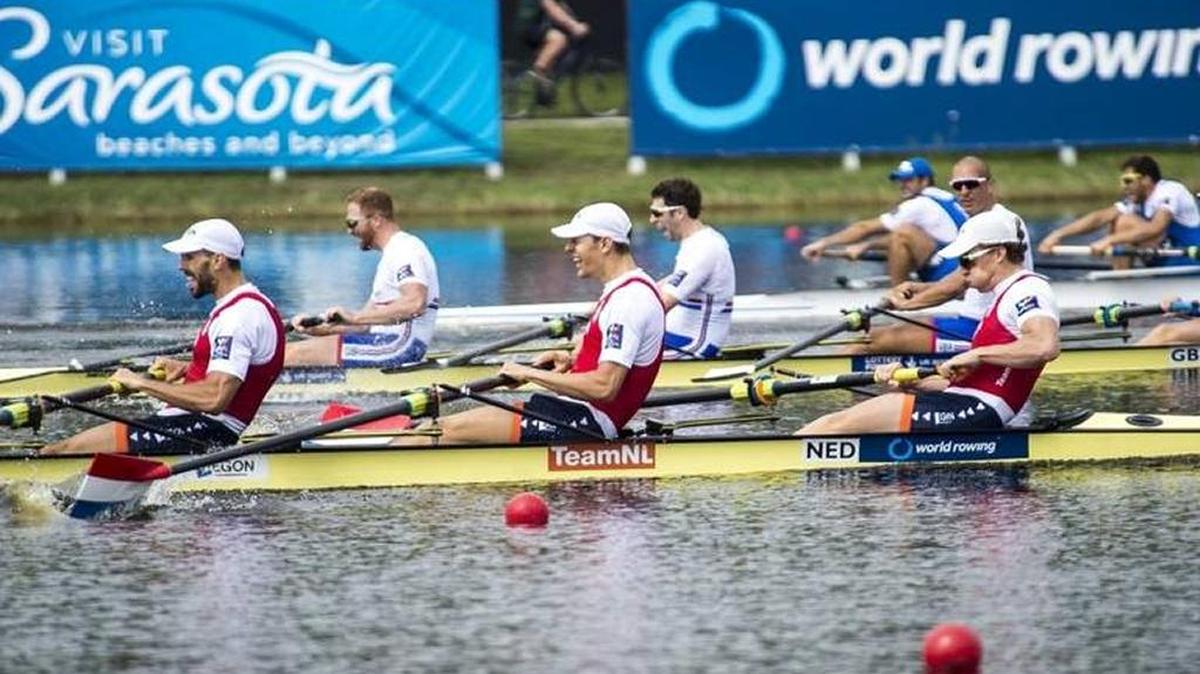FILE: Rowers push for a last burst of speed in the final stretch of the men’s four race Sept. 30, 2017 at Nathan Benderson Park in Sarasota.