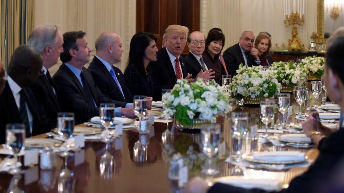 President Donald Trump, sitting next to U.S. Ambassador to the UN Nikki Haley, speaks during a working lunch with ambassadors of countries on the United Nations Security Council and their spouses, Monday, April 24, 2017, in the State Dining Room of the White House in Washington.