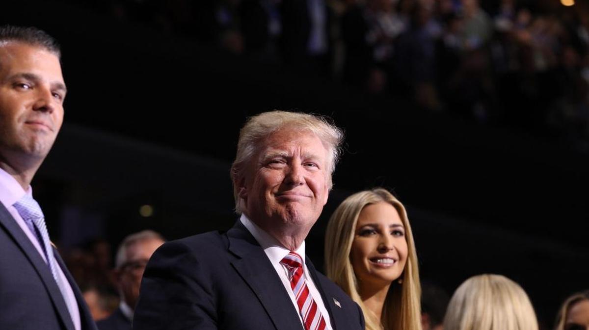 From left, Donald Trump Jr., Donald Trump, and Ivanka Trump during the third day of the Republican National Convention at Quicken Loans Arena in Cleveland on Wednesday, July 20, 2016.