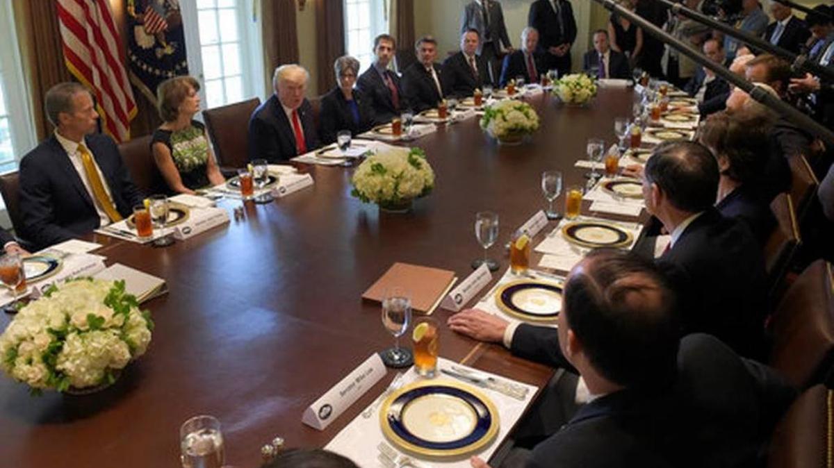 President Donald Trump speaks before having lunch with Republican Senators and White House staffers in the Cabinet Room of the White House in Washington, Tuesday, June 13, 2017.