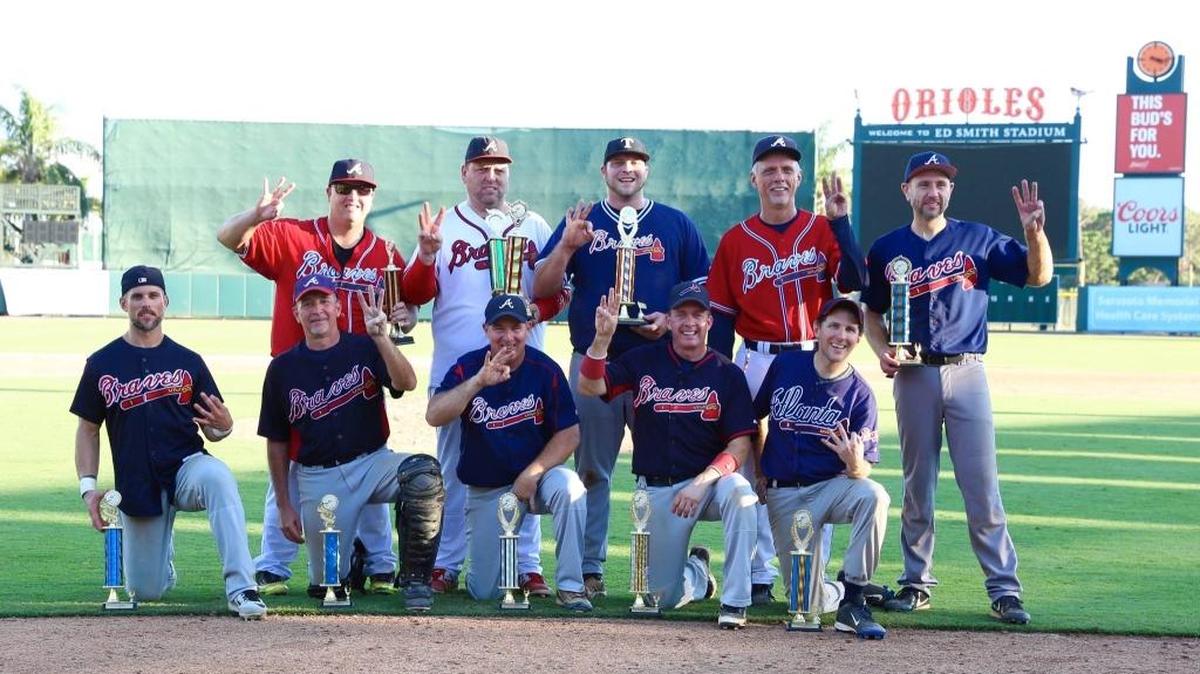 Championship winners, the Braves, on Dec. 2, 2017: (l-r) front row: Aaron Weedo, Brian Knerr, Mike Duval, Jim Ptak (Mgr), Tim Burke (l-r) back row: Matt Gagnon, Rob Else, Eric Sanders, Joe Zejavac, Roman Katynski; (not shown) Chris Hardisty