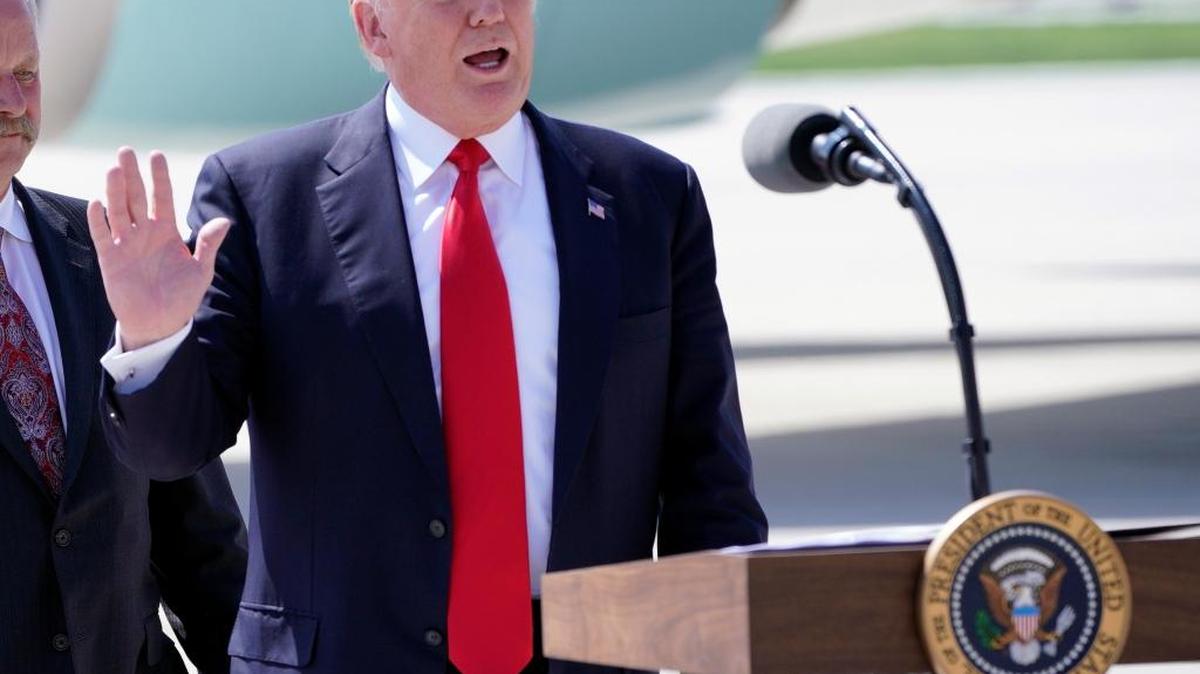 President Donald Trump speaks about healthcare after arriving at General Mitchell International Airport Tuesday, June 13, 2017, in Milwaukee.