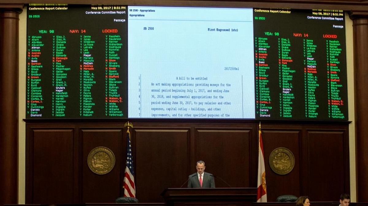 File photo: Florida Speaker of the House Richard Corcoran presides over the May 8 vote on the budget in the Florida House of Representatives to end the 2017 regular legislative session at the state Capitol in Tallahassee.