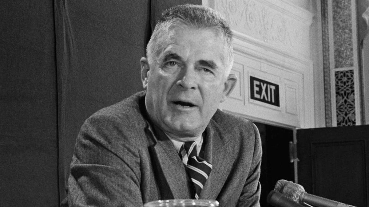 FILE - In this Oct. 20, 1973 file photo, Archibald Cox speaks at a news conference in Washington. Comparisons to the Nixon-era "Saturday night massacre" were swift after President Trump fired the acting attorney general for refusing to enforce his executive order on immigrants and refugees. In both cases, a dispute between a president and his Justice Department led to an evening maneuver by the president to install an acting attorney general more to his liking.