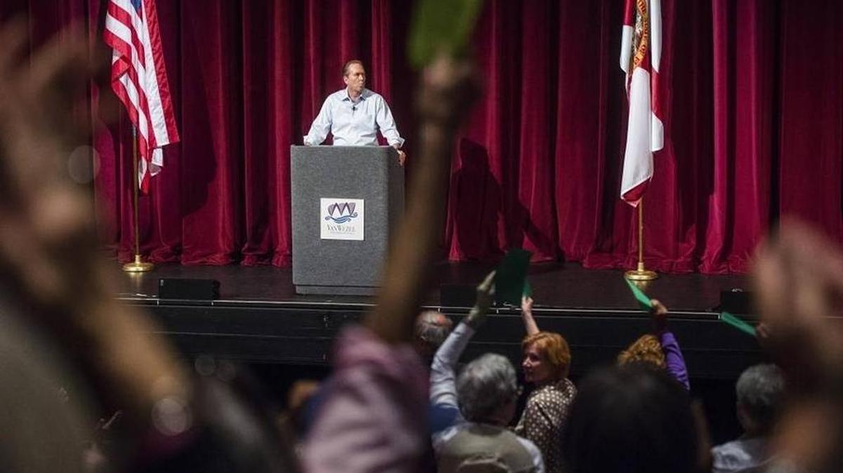 Constituents stand and become vocal in disagreement while Congressman Vern Buchanan answers questions during his town hall Saturday at the Van Wezel auditorium in Sarasota.