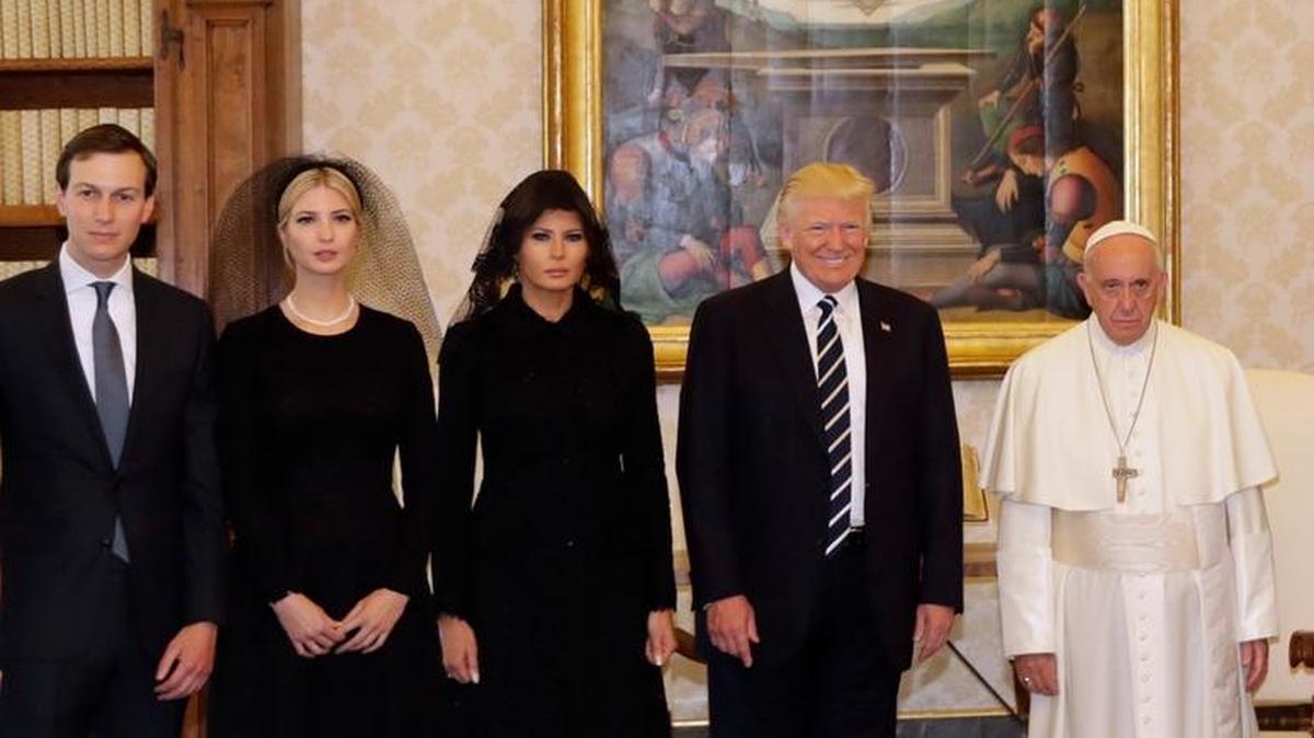 From left, Jared Kushner, senior advisor of President Donald Trump, Ivanka Trump, First Lady Melania Trump, President Donald Trump and Pope Francis pose during their private audience at the Vatican on Wednesday.