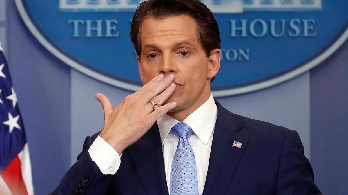 In this July 21 file photo, incoming White House communications director Anthony Scaramucci, right, blowing a kiss after answering questions during the press briefing in the Brady Press Briefing room of the White House in Washington.