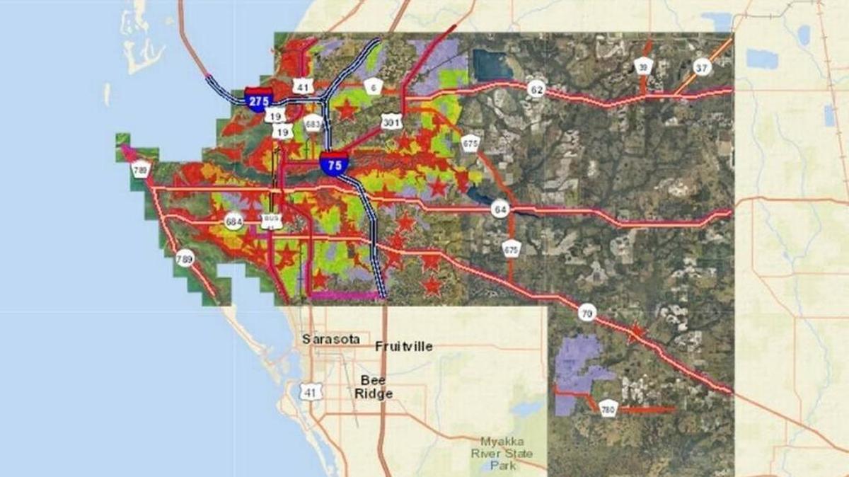 A screenshot of Manatee County’s hurricane evacuation map shows evacuation levels, routes and shelters.