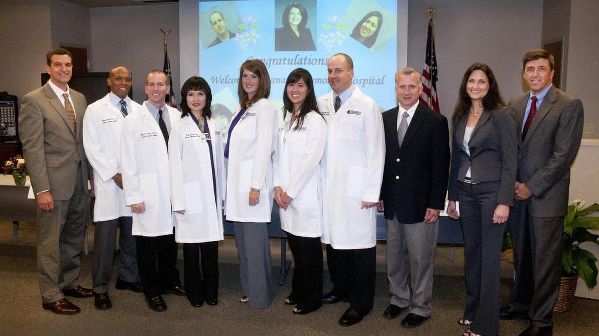 From left: John Peters, DO; Jhon Searcy-Schnaeder, DO; William Evans, DO; Tian Davis, DO; Rebecca Workman, DO; Lisa Shannon, DO; Derrick DeWitt, DO; Ronald Grubb, DO; Catherine Cooper, DO; Kevin DiLallo, Manatee Healthcare Systems CEO