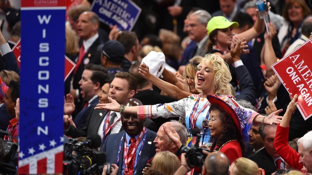 Delegates celebrate on the last day of the 2016 Republican National Convention in Cleveland, Ohio.