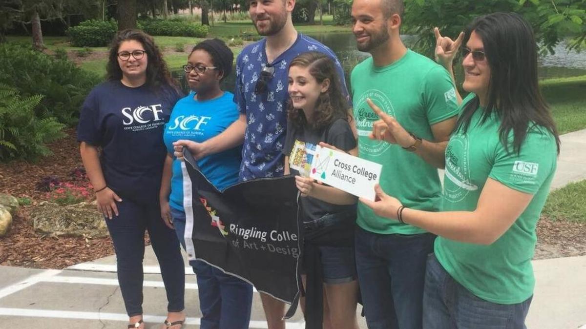 From left, State College of Florida students Andie Chupp and Yolanda Woody, Ringling College of Art and Design students William Vinopal and Megan Ruiz, and University of South Florida Sarasota-Manatee students Tim Thomas and Gustavo Delgado stand outside the Ringling Museum of Art in Sarasota at a gathering celebrating the debut of the Cross College Alliance.