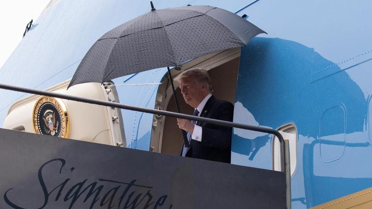 President Donald Trump arrives Friday on Air Force One at Newark Liberty International Airport in Newark N.J.