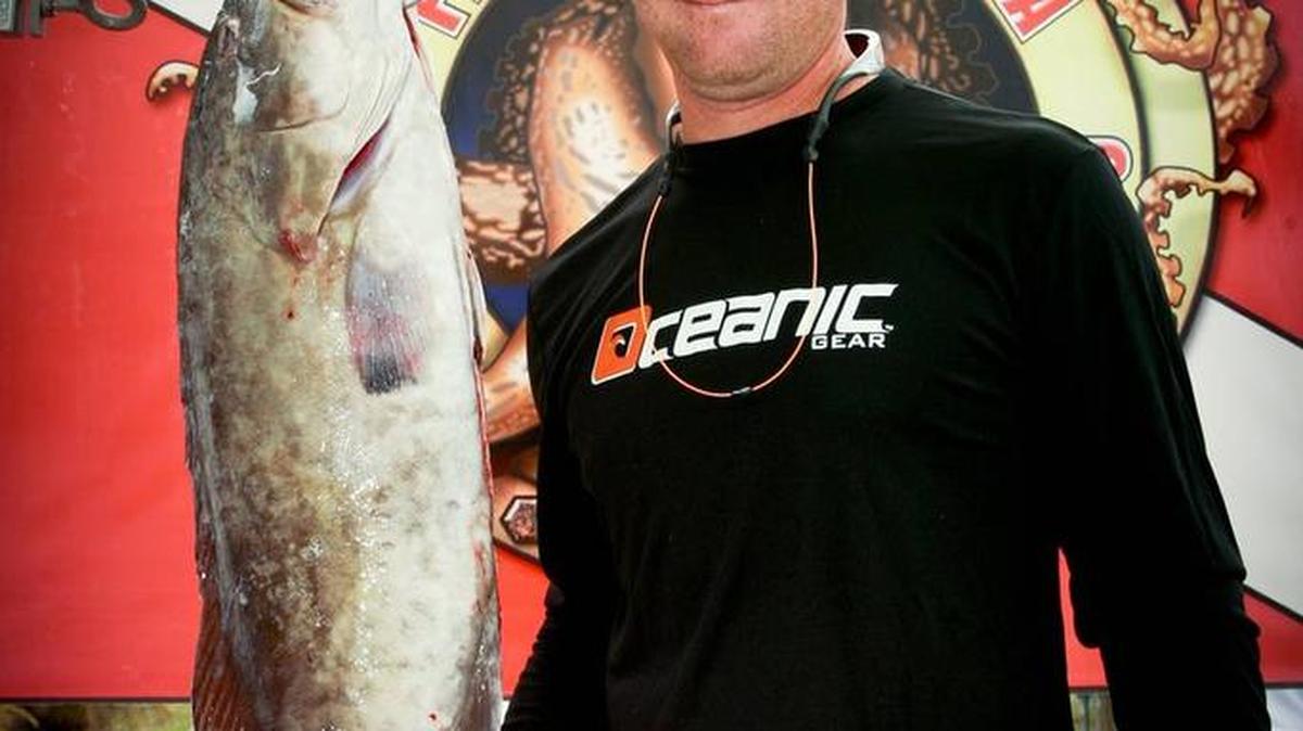 Randy Deen shows off the winning gag grouper from last year’s Gene Cloud Memorial Spearfishing Tournament.