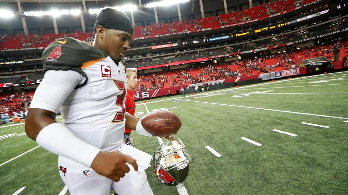 Tampa Bay quarterback Jameis Winston walks off the field after last Sunday’s win at Atlanta.