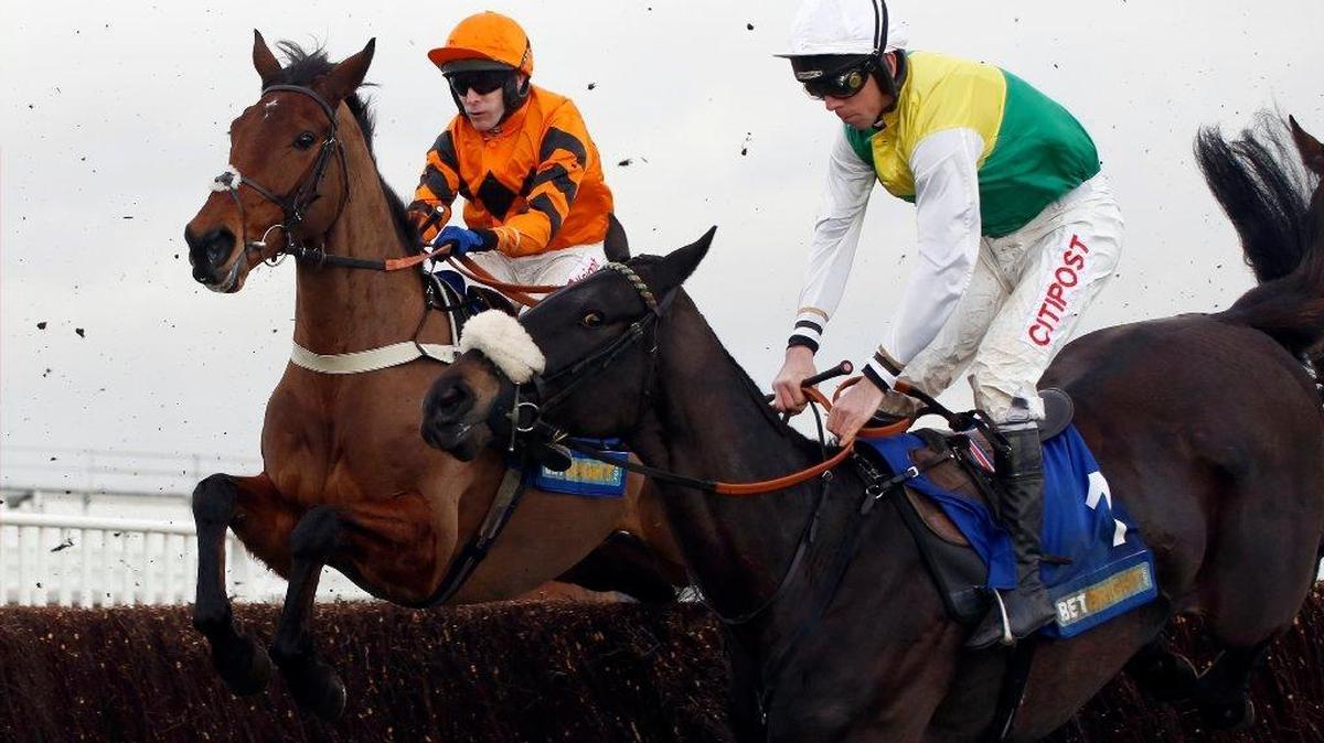 Many Clouds ridden by Leighton Aspell, right, jump an early fence in company with Thistlecrack ridden by Tom Scudamore before going on to win The Cotswold Chase Race run during Festival Trials Day at Cheltenham Racecourse, in Cheltenham, England, Saturday Jan. 28, 2017. Many Clouds, the winner of Britainâ€™s 2015 Grand National, has collapsed and died after winning a race at Cheltenham on Saturday. Having won the Cotswold Chase by a head, Many Clouds fell after the winning post and was treated by veterinary staff before his death was confirmed.