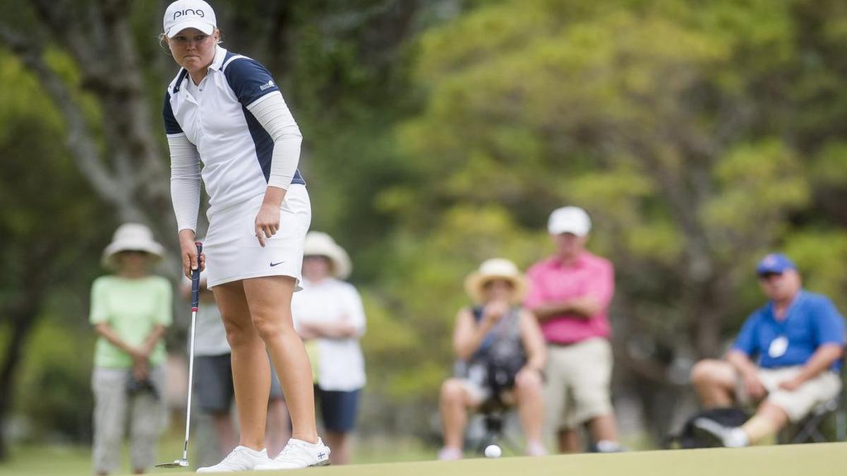 Emily Pentilla, of Helsinki, Finland, reacts to a bad putt during the second round of the LPGA Symetra Tour event at Sara Bay Country Club on Saturday.