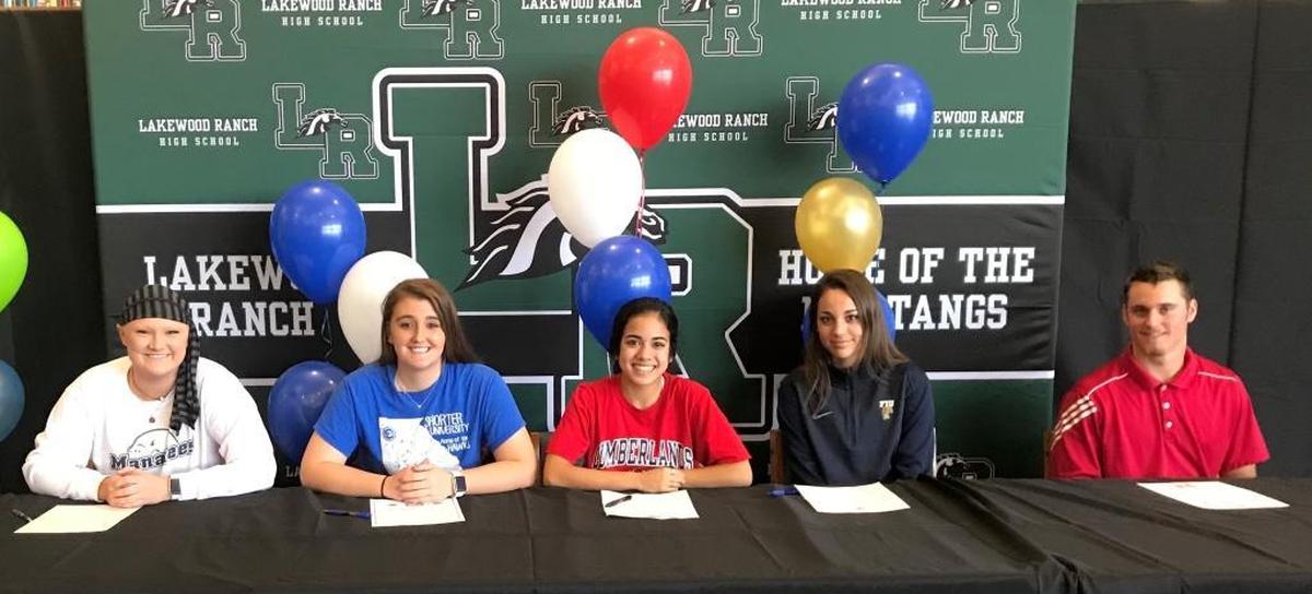 Lakewood Ranch High athletes signing on Wednesday were, from left to right: Madi LoCastro (State College of Florida), Shyanne Madison (Shorter University), Madison Mirandilla (University of Cumberland), Kailey Christian (State College of Florida) and Justin Curtis (Huntingdon College).
