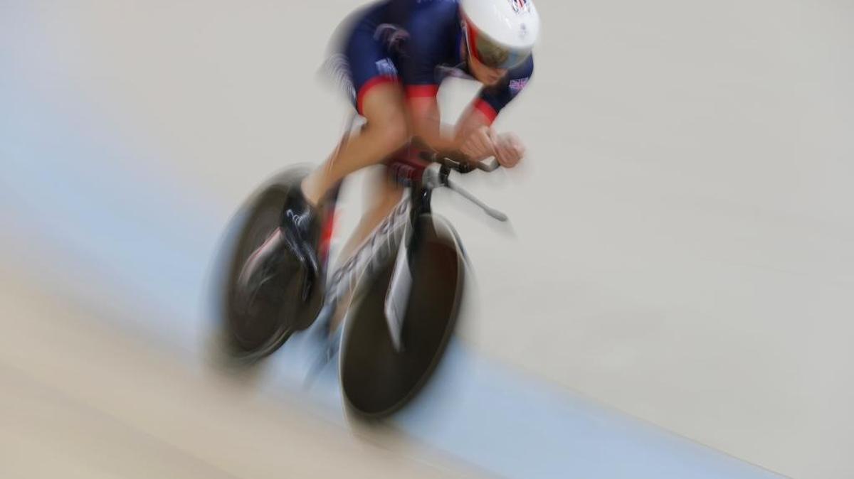 A member of the British men’s track cycling team rounds the track during a training session inside the Rio Olympic Velodrome in advance of the 2016 Olympic Games in Rio de Janeiro, Brazil, on Thursday.