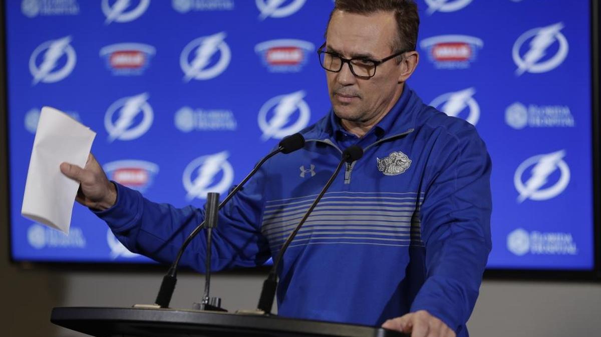 Tampa Bay general manager Steve Yzerman gestures as he speaks to the media about recent trades before an NHL game against Carolina on Wednesday in Tampa, Fla. The Lightning, over the past few days, have traded goaltender Ben Bishop to the Los Angeles Kings, forward Brian Boyle to the Toronto Maple Leafs, and forward Valtteri Filppula to the Philadelphia Flyers.