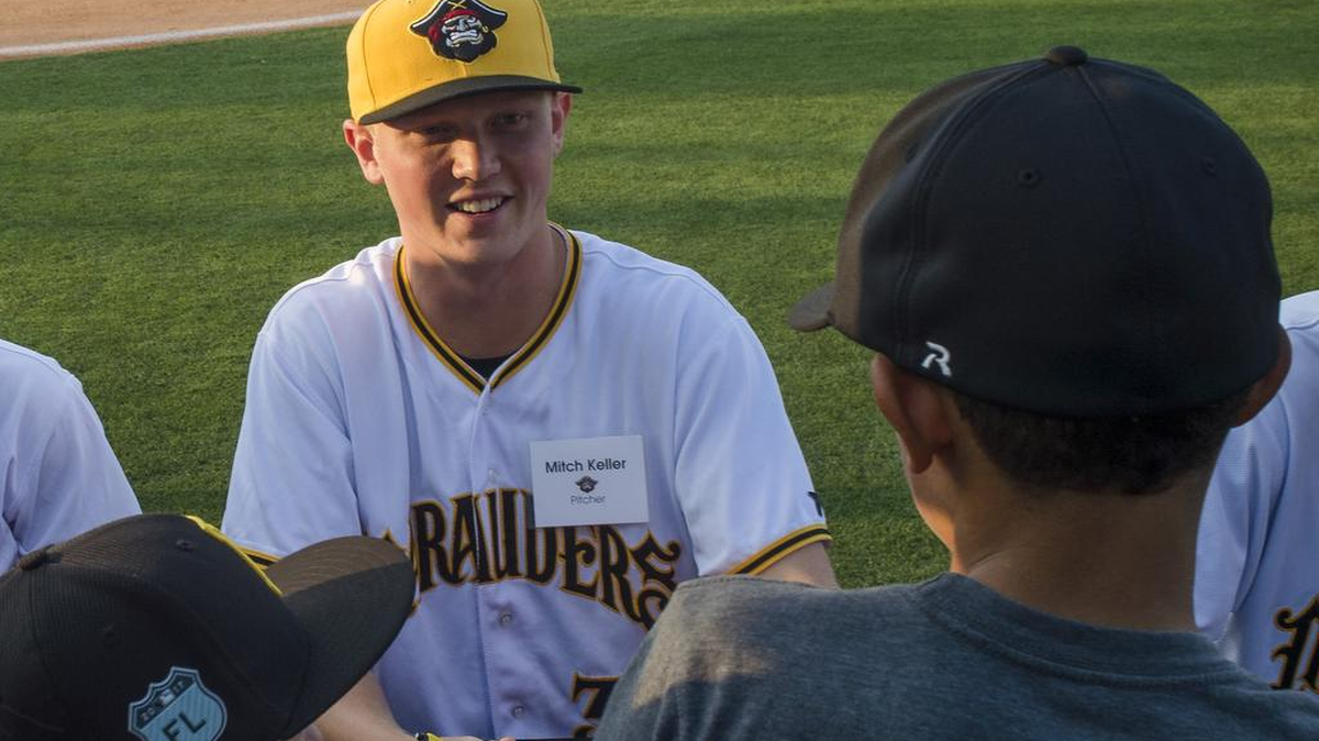 Marauders pitcher Mitch Keller signs autographs during the Meet the Marauders event before the season. Keller left Tuesday’s game after one inning because of muscle tightness in his back.