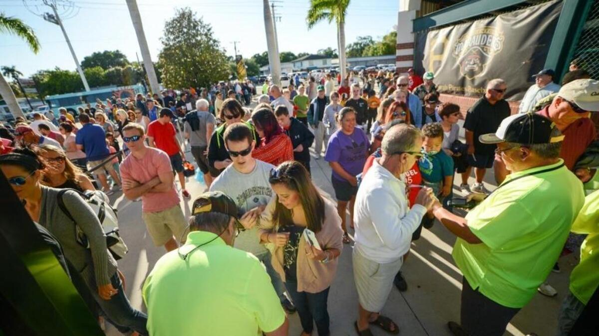 Crowds pass through the gate at LECOM Park in April for the season opener. The Bradenton Marauders opened the second half of the season on the road Thursday with a 2-1 loss in Lakeland.