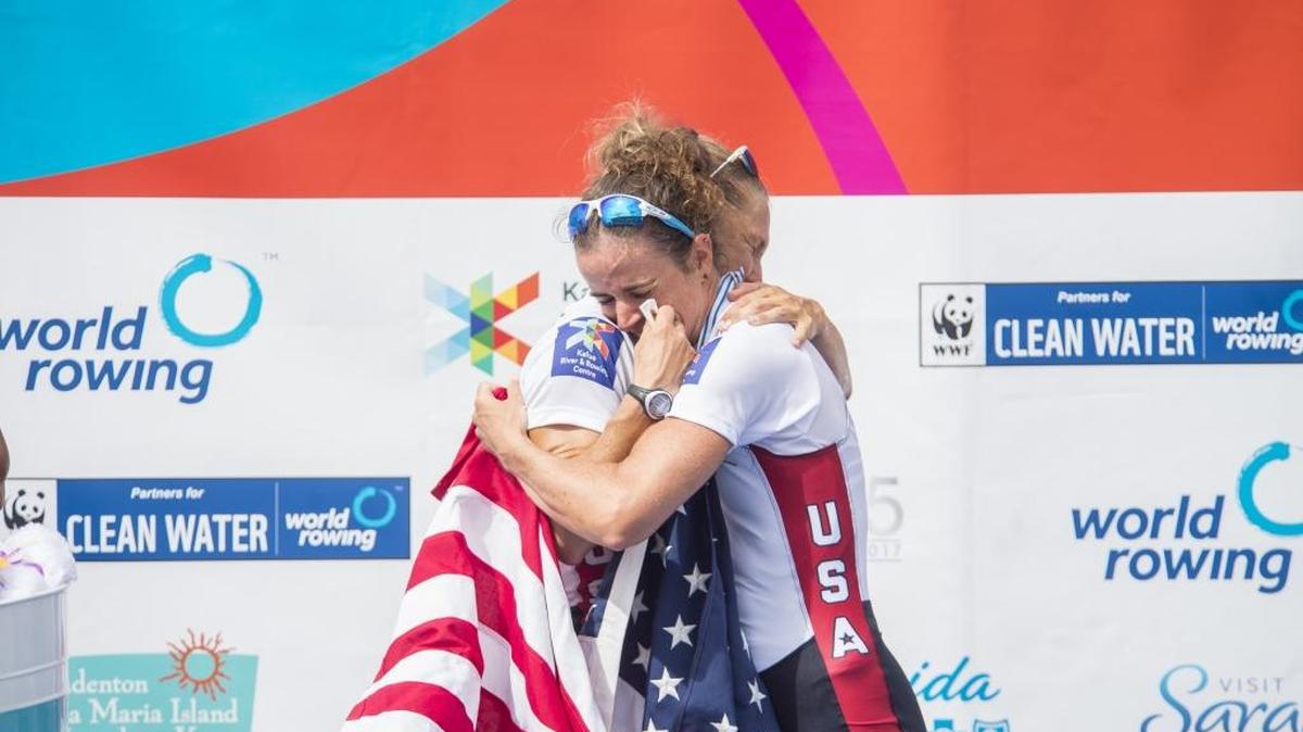 American rowers Emily Schmieg and Michelle Sechser embrace after placing third in the lightweight women’s double sculls race as 69 countries compete during Saturday’s finals of the World Rowing Championships at Nathan Benderson Park in Sarasota.