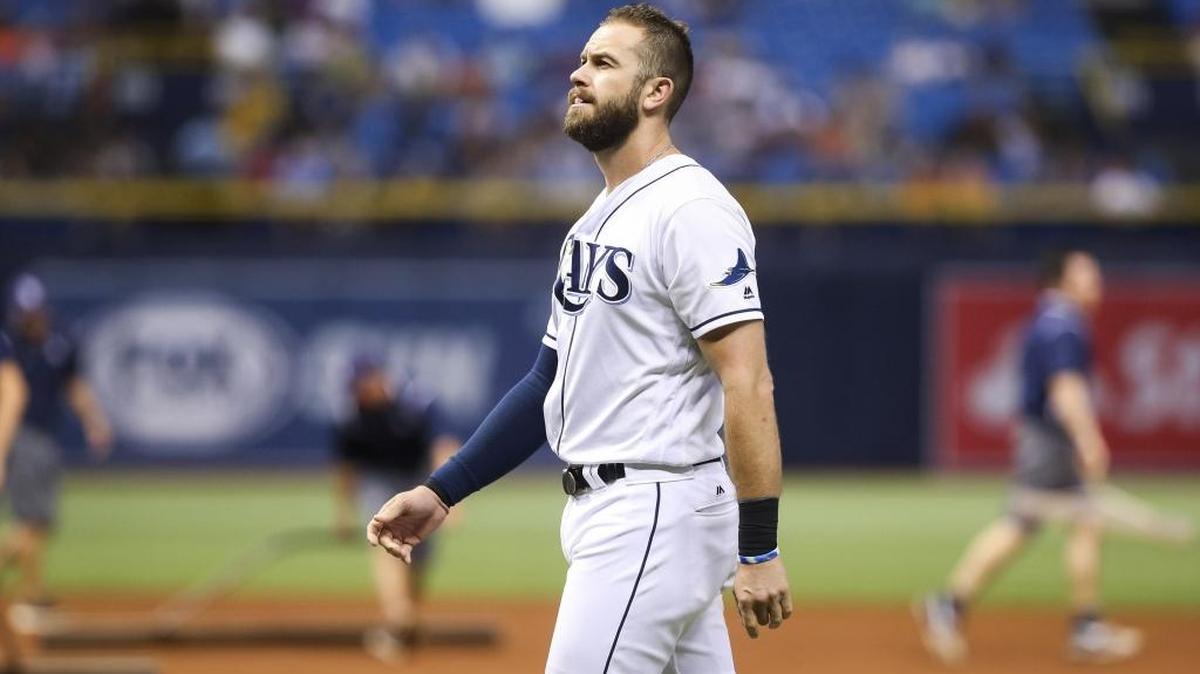 Tampa Bay Rays third baseman Evan Longoria (3) after his fielder's choice ends the third inning of the game between the Baltimore Orioles and the Tampa Bay Rays at Tropicana Field Monday, July 24, 2017 in St. Petersburg, Fla. The San Francisco Giants have acquired Longoria in exchange for outfielder Denard Span.
