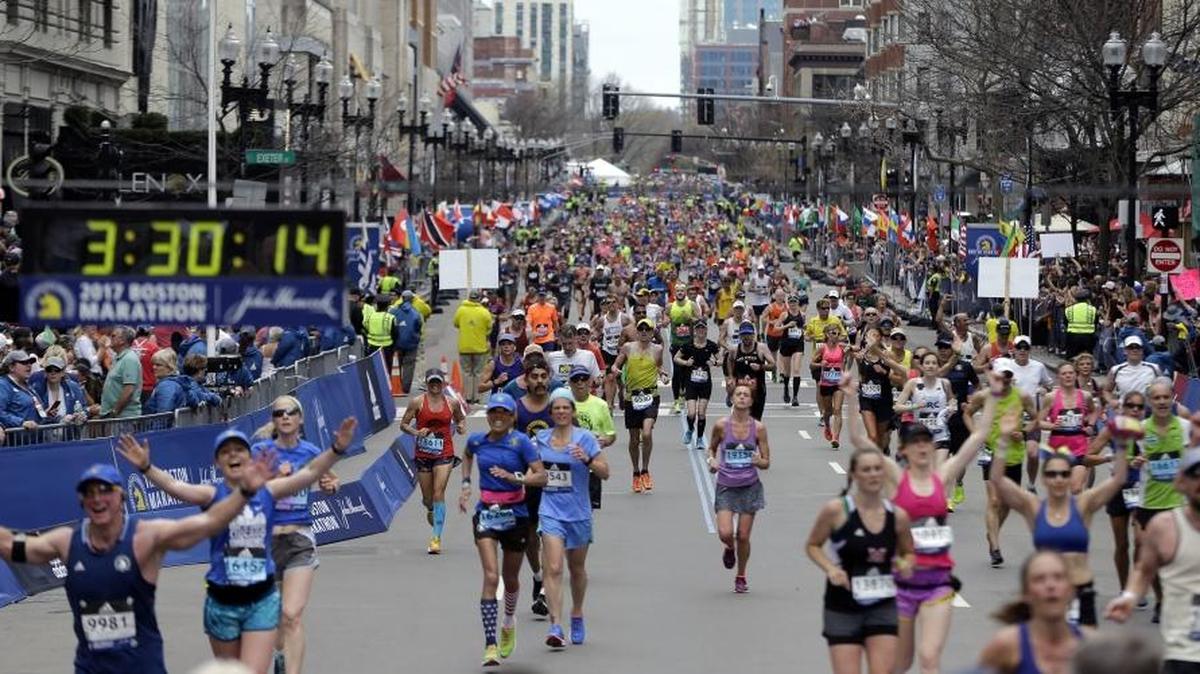 Runners head to the finish line during the 121st Boston Marathon on Monday in Boston.