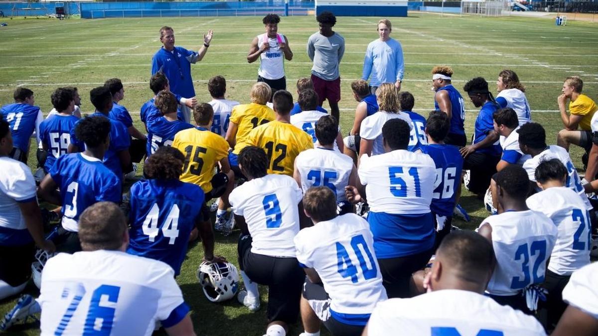 Head football coach Kevin Wright talks to players after a spring football practice at IMG Academy in Bradenton.