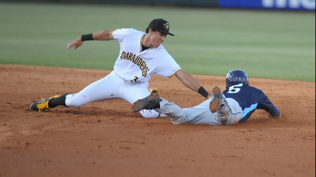 Bradenton Marauder shortstop Cole Tucker tags Charlotte Stone Crab base runner Brandon Lowe on a stolen base attempt during a game in April. Tucker stole his Florida State League leading 23rd base on Saturday against Dunedin.