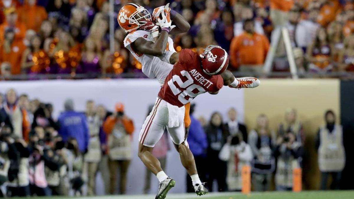 Clemson wide receiver Mike Williams makes a reception against Alabama defensive back Anthony Averett during the fourth quarter of the most recent College Football Playoff National Championship Game at Raymond James Stadium, Jan. 9, 2017 in Tampa. Clemson prevented Nick Saban’s Alabama Crimson Tide from winning their second concecutive national title in a dramatic game.