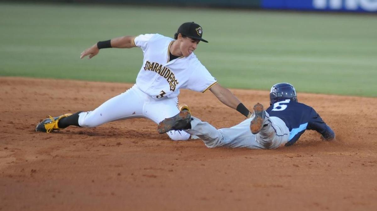 Bradenton Marauders shortstop Cole Tucker tags Charlotte’s Brandon Lowe on a stolen base attempt at LECOM Field on Saturday Tucker stole two bases himself on Thursday at the Tampa Yankees, giving him seven on the season.