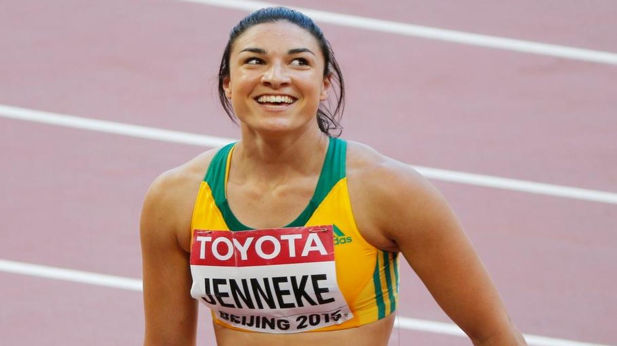 Australia’s Michelle Jenneke smiles after competing in the 100-meter hurdles at the World Athletics Championships in Beijing on Aug. 27, 2015.