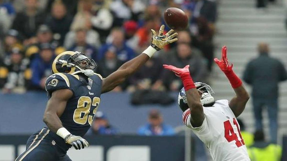 Giants cornerback Dominique Rodgers-Cromartie, right, had two interceptions and broke up three other passes in Sunday’s 17-10 win against the Rams in London.