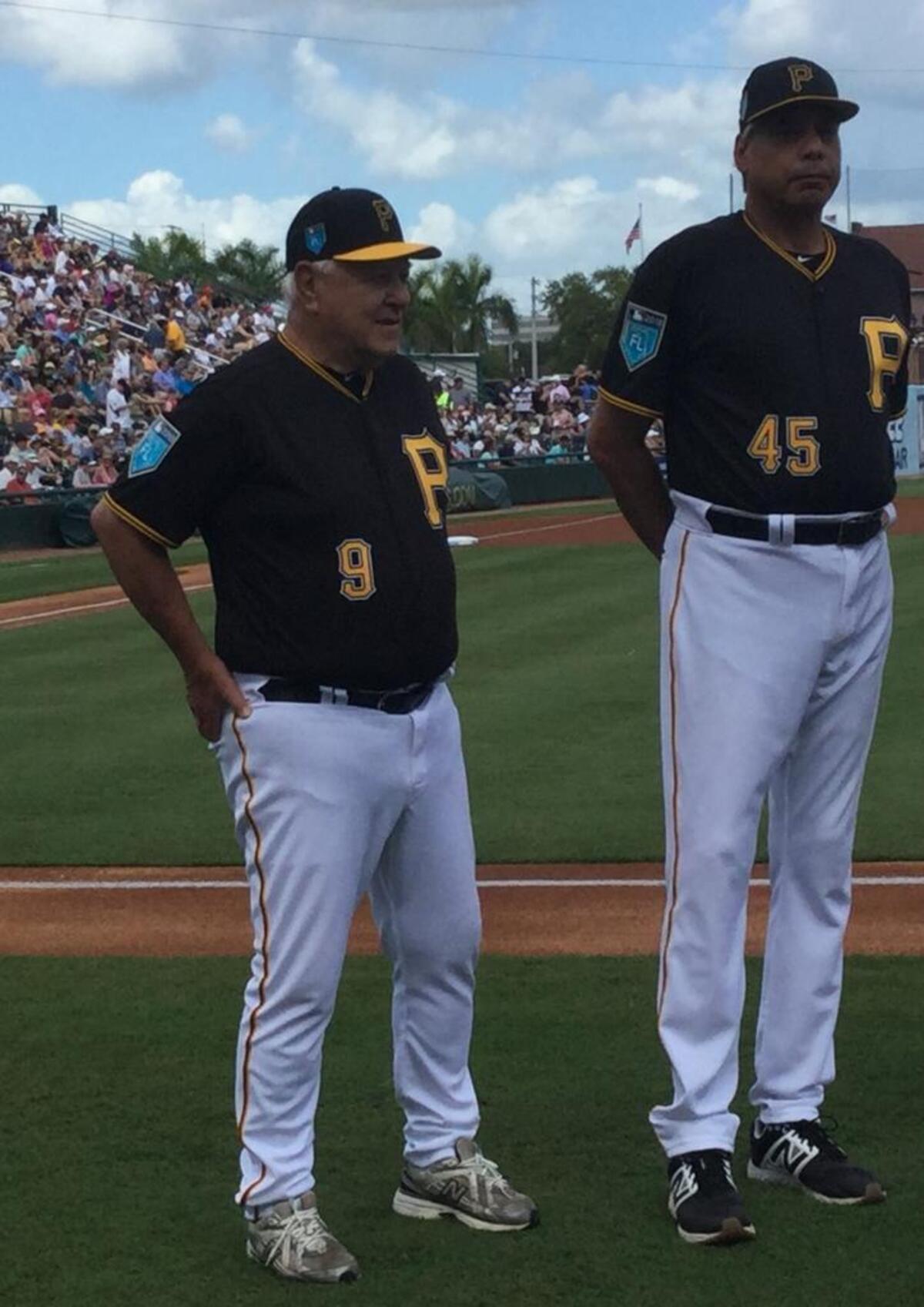 Bill Mazeroski, left, stands next to John Candelaria as Pirates legends celebrated Pittsburgh’s 50th spring in Bradenton on Saturday. The Pirates played the Yankees at LECOM Park.