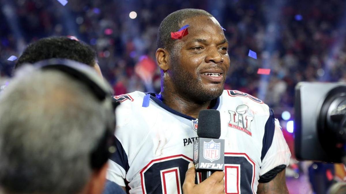 New England Patriots Martellus Bennett is interviewed on the field after a win against the Atlanta Falcons at Super Bowl 51 on Sunday, February 5, 2017 in Houston.